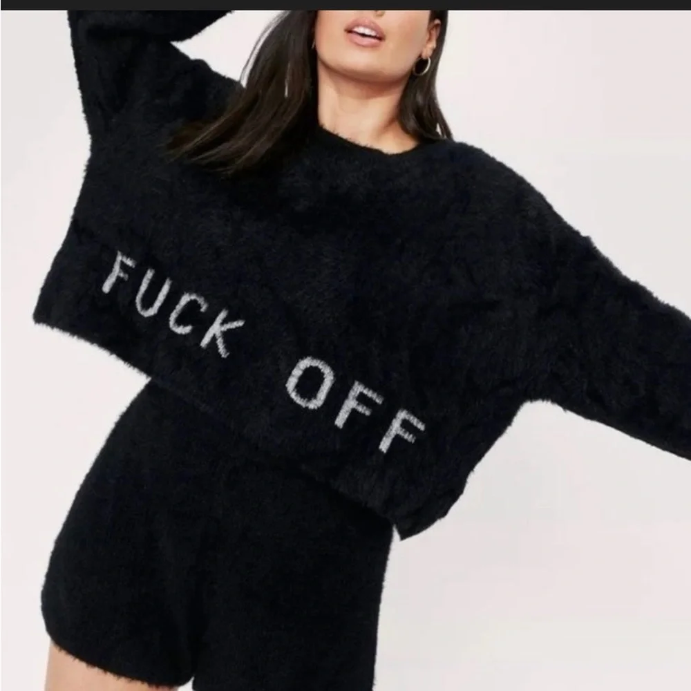 New never worn Nasty Gal black F off crop sweater small s